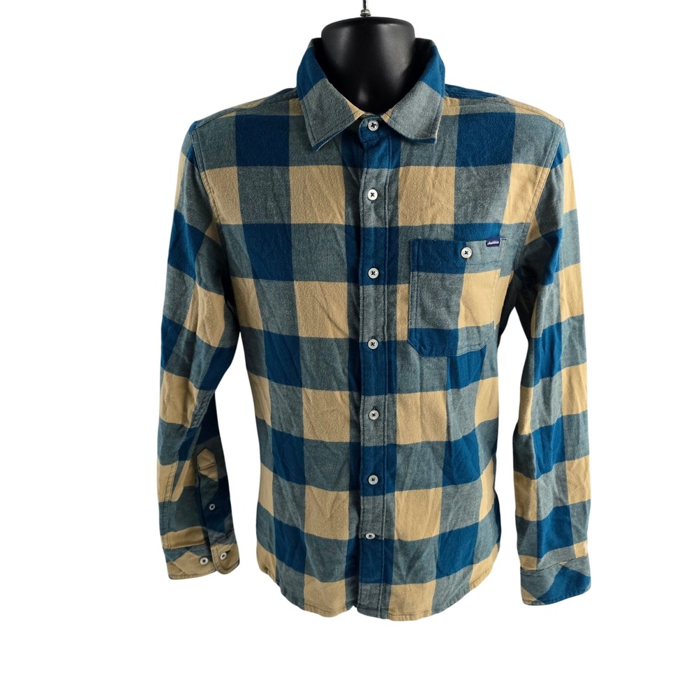 Chubbies Mens Flannel Shirt Small Plaid Blue Beige Long Sleeve Button Up